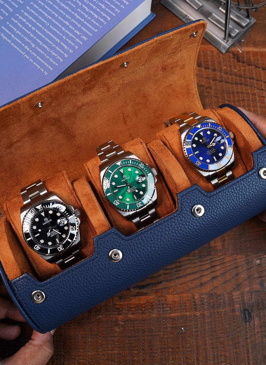 Estuche de reloj azul: tres relojes